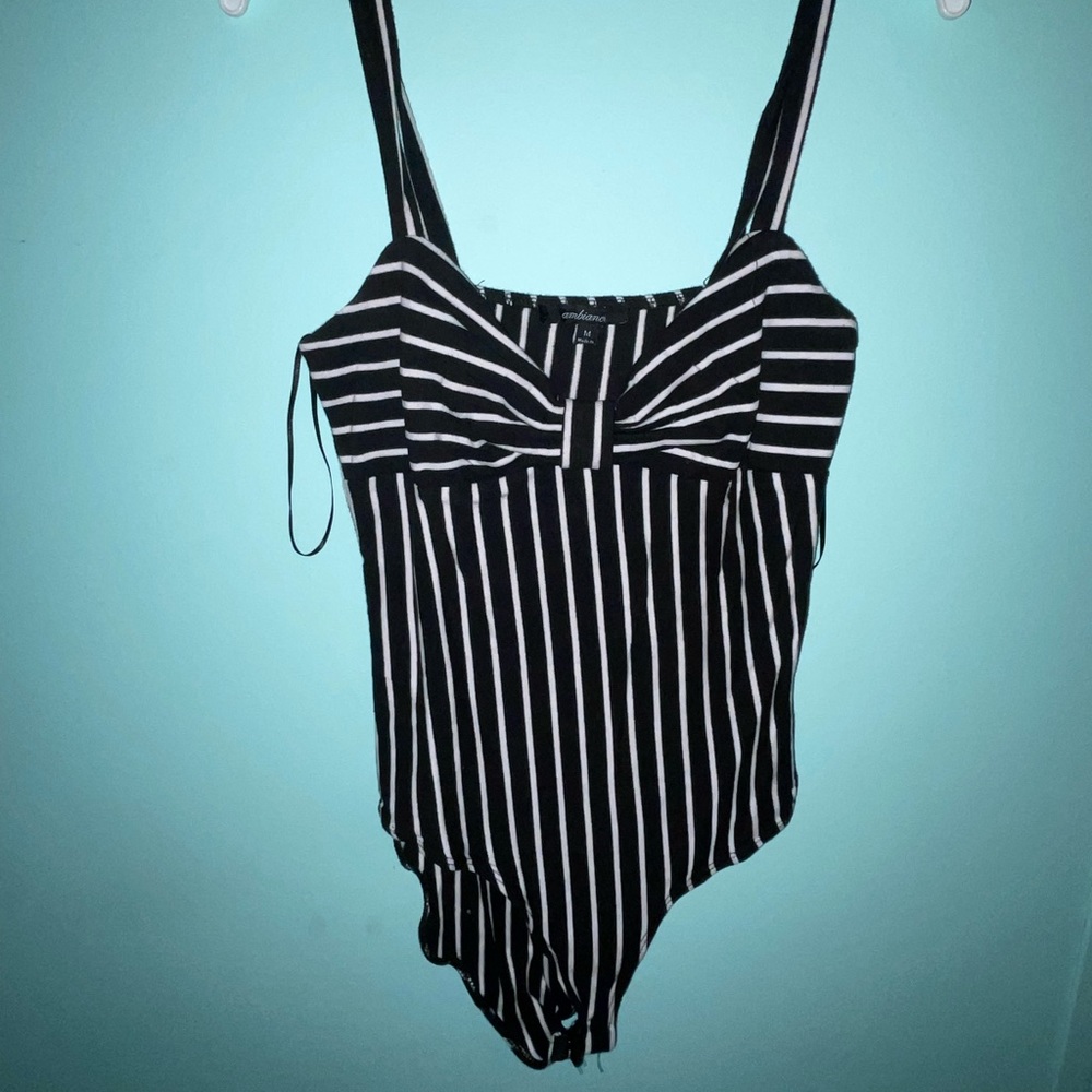 Black and White striped body suit
